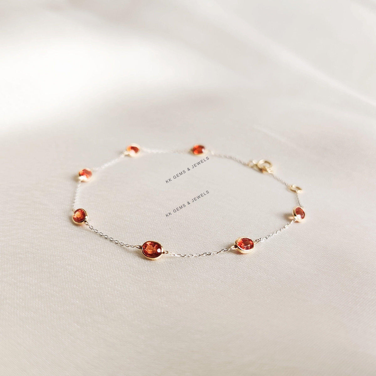 14K Solid Yellow Gold Natural Orange Sapphire Bracelet, September Birthstone Jewelry, Christmas Present