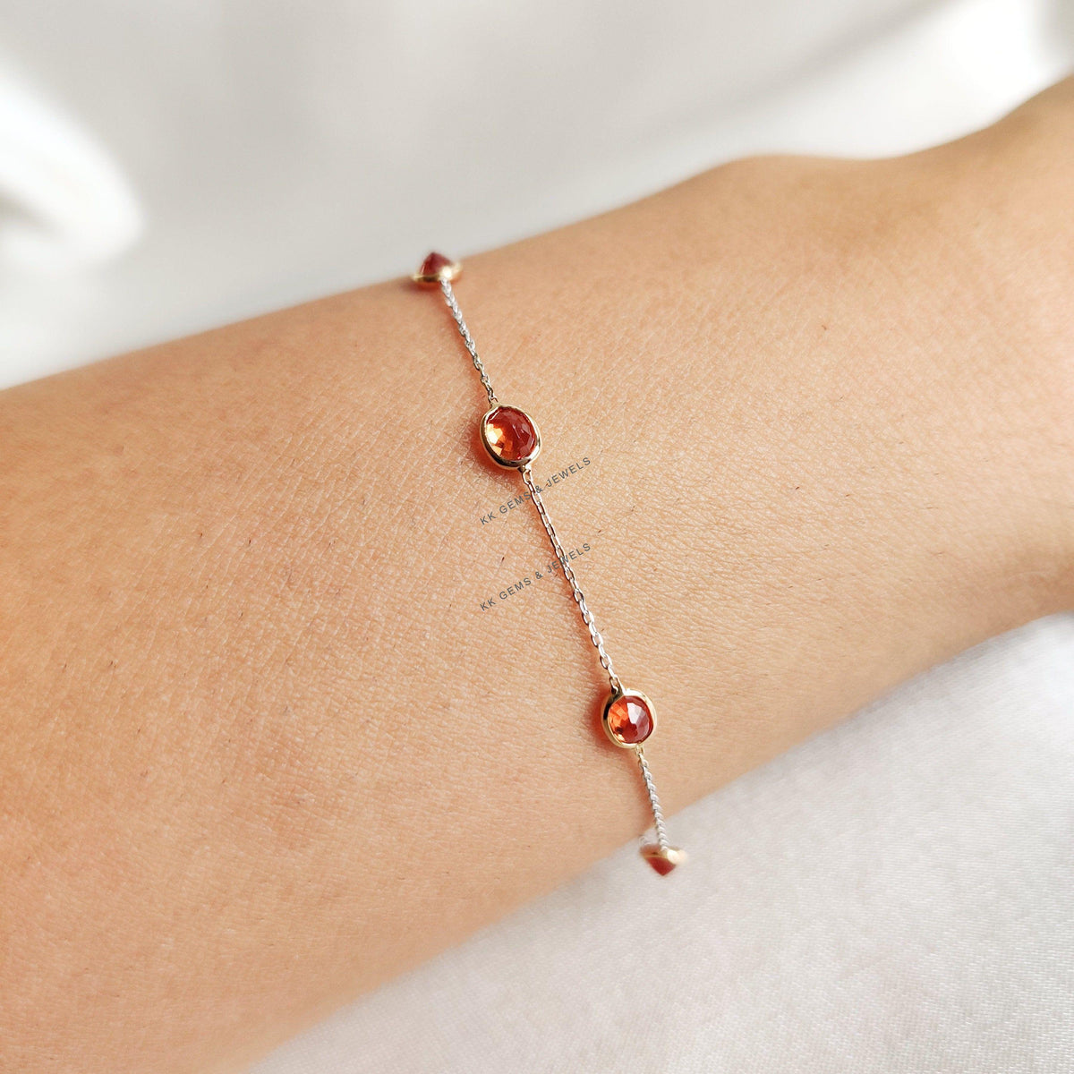 14K Solid Yellow Gold Natural Orange Sapphire Bracelet, September Birthstone Jewelry, Christmas Present