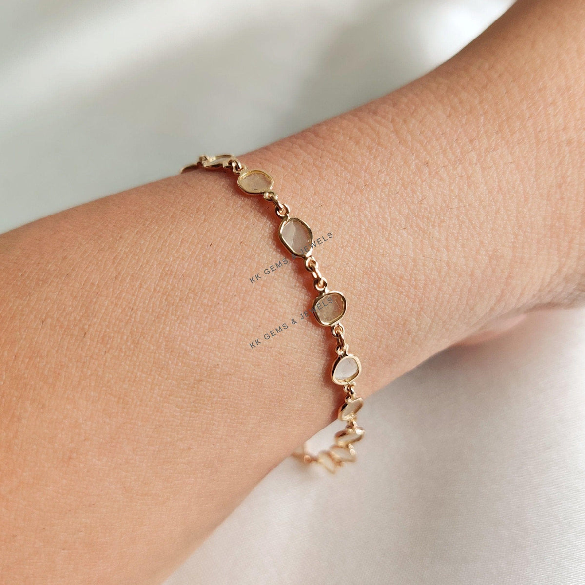 14K Solid Yellow Gold Natural Diamond Polki Slice Bracelet, April Birthstone, Christmas Present