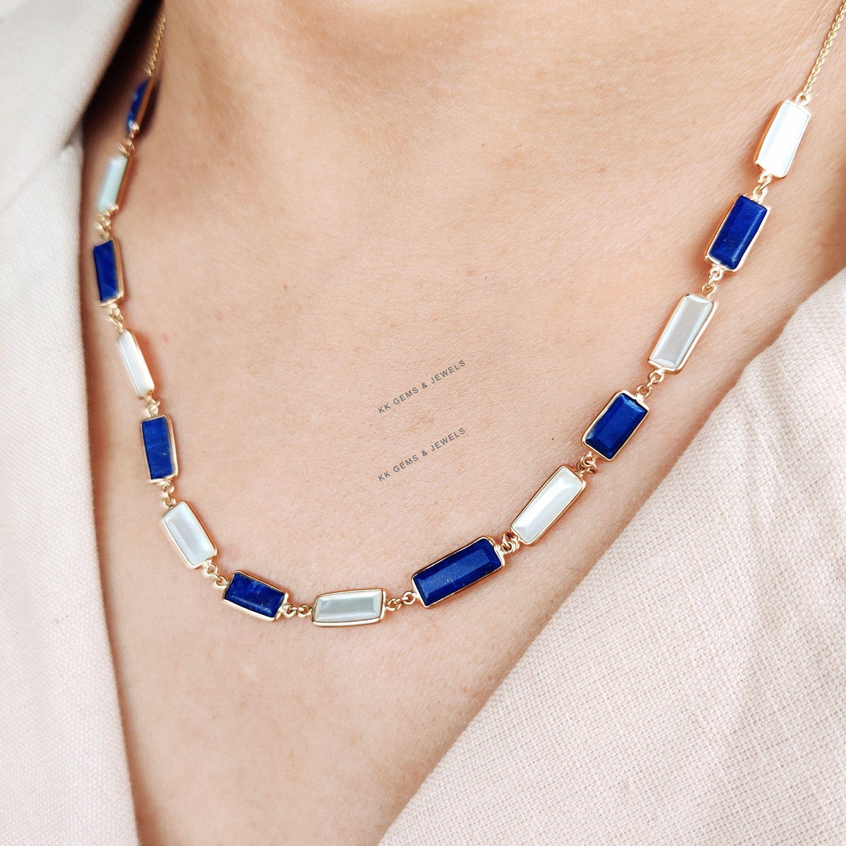 14K Solid Yellow Gold Natural Lapis Lazuli & Mother of Pearl Necklace, Christmas Present