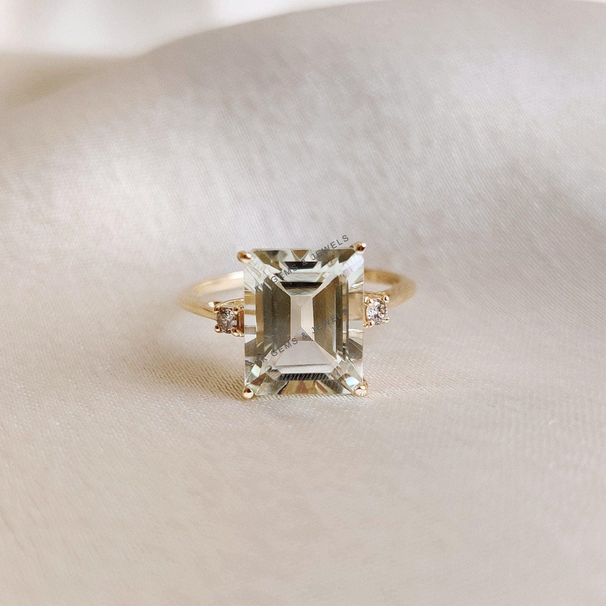 Natural Green Amethyst & Diamond Ring, 14K Solid Yellow Gold Ring, Amethyst Diamond Jewelry, Anniversary Gift