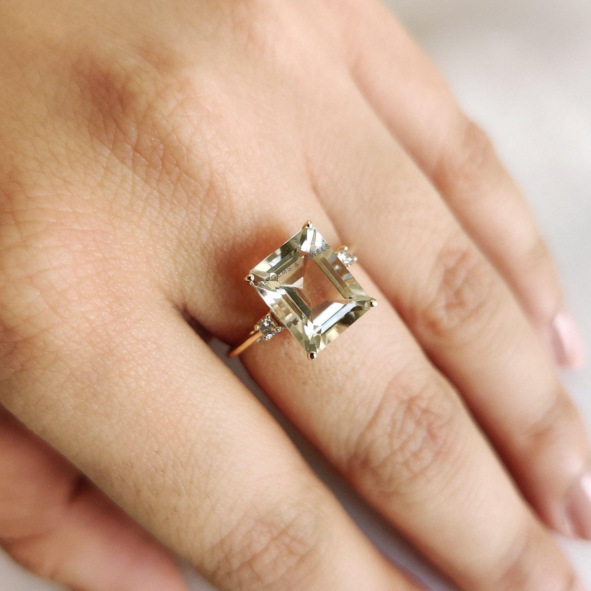 Natural Green Amethyst & Diamond Ring, 14K Solid Yellow Gold Ring, Amethyst Diamond Jewelry, Anniversary Gift