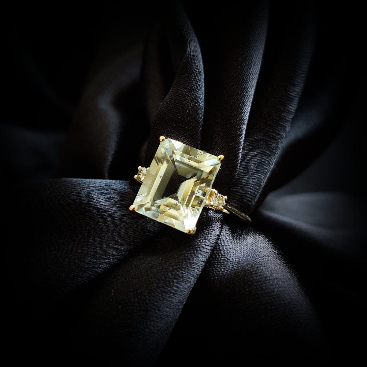 Natural Green Amethyst & Diamond Ring, 14K Solid Yellow Gold Ring, Amethyst Diamond Jewelry, Anniversary Gift