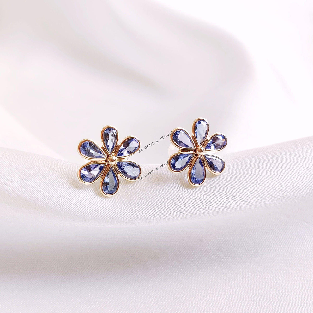 14K Solid Yellow Gold Natural Tanzanite Flower Stud Earrings, December Birthstone, Christmas Present