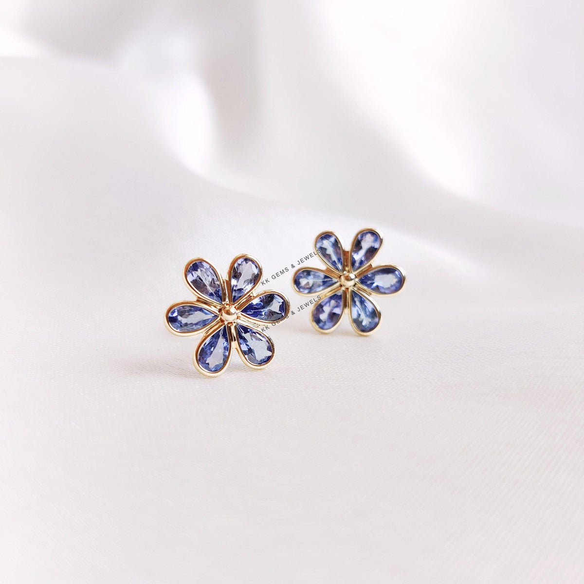 14K Solid Yellow Gold Natural Tanzanite Flower Stud Earrings, December Birthstone, Christmas Present