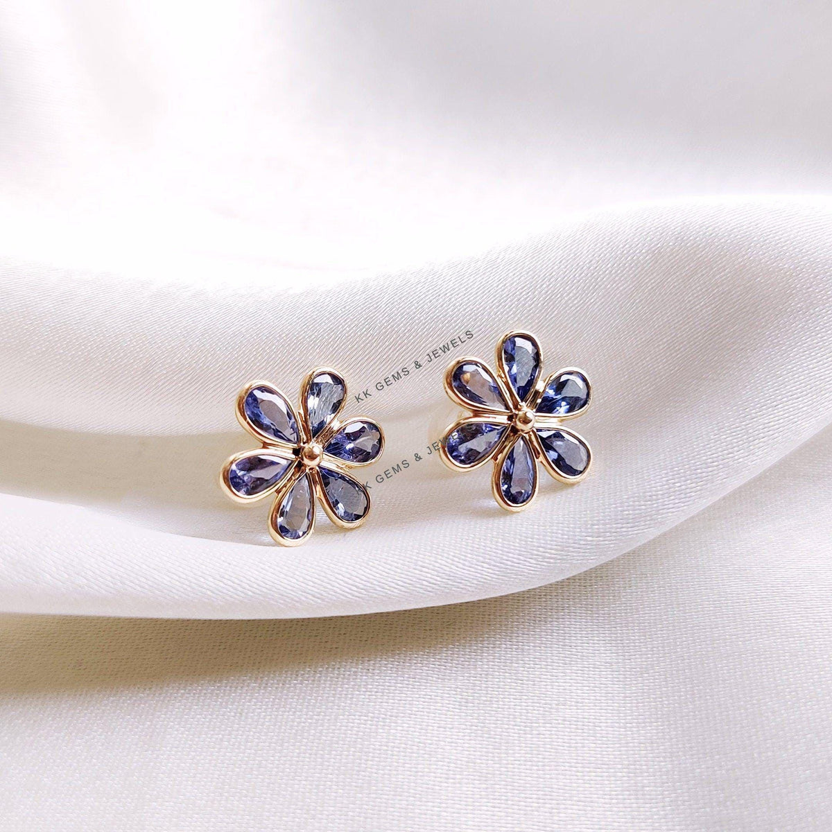 14K Solid Yellow Gold Natural Tanzanite Flower Stud Earrings, December Birthstone, Christmas Present