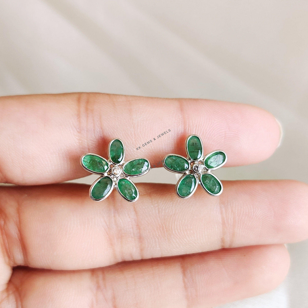 Natural Emerald & Diamond Flower Stud Earrings, 14K Solid White Gold, May Birthstone, Anniversary Gift