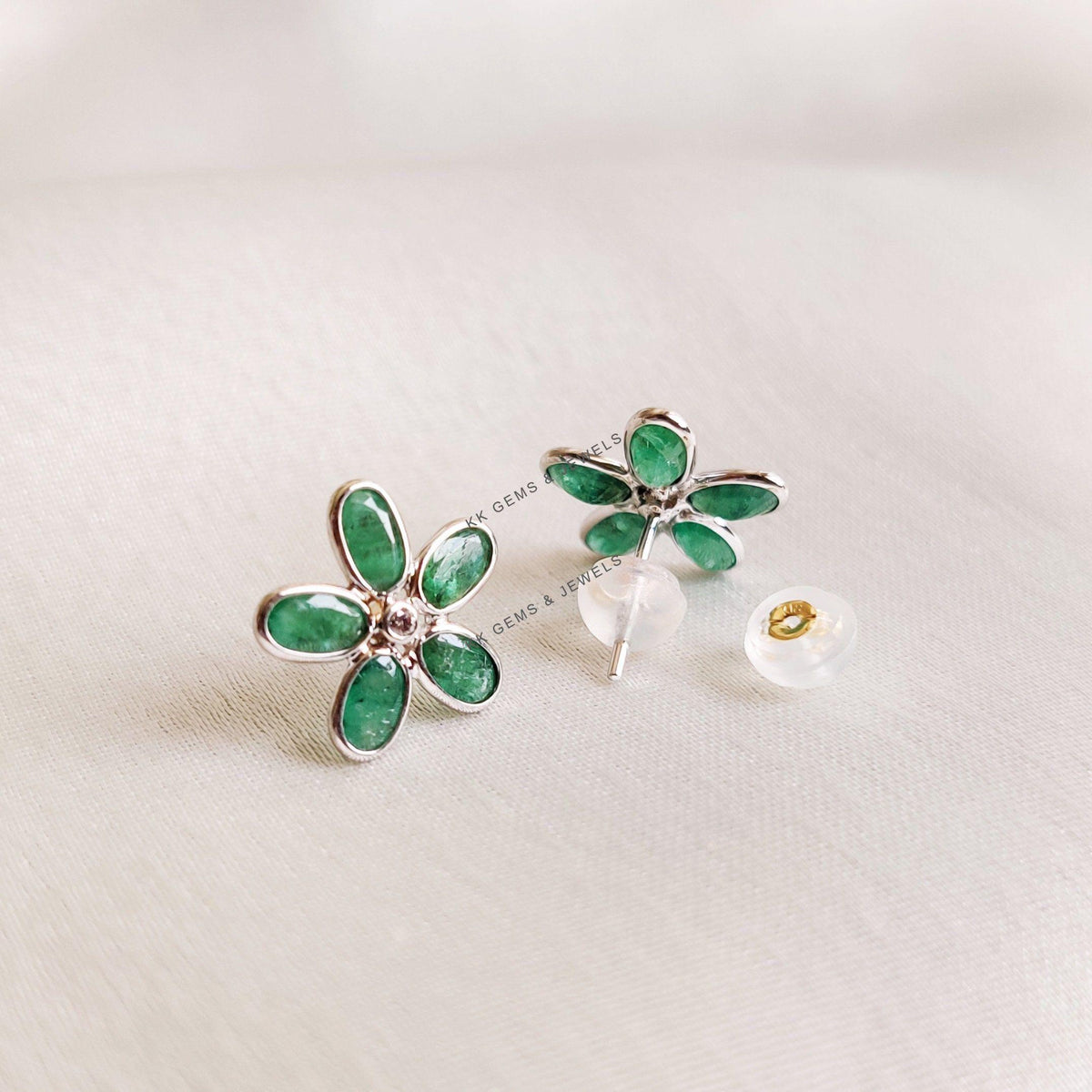 Natural Emerald & Diamond Flower Stud Earrings, 14K Solid White Gold, May Birthstone, Anniversary Gift