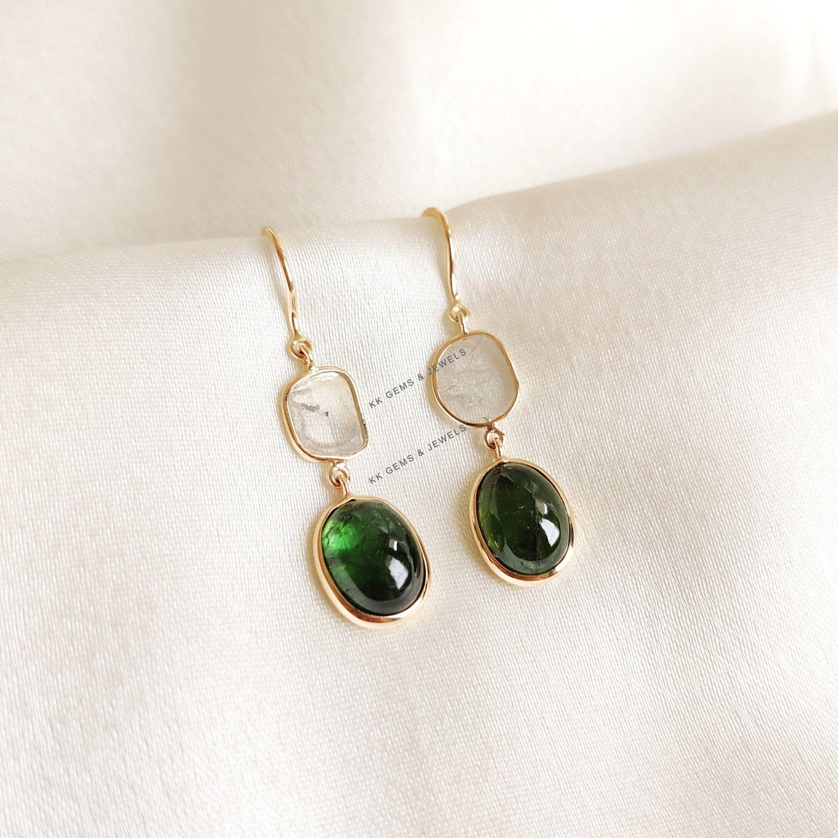 14K Solid Yellow Gold Natural Green Tourmaline & Diamond Polki Slice Bezel Earrings, October Birthstone, Anniversary Gift