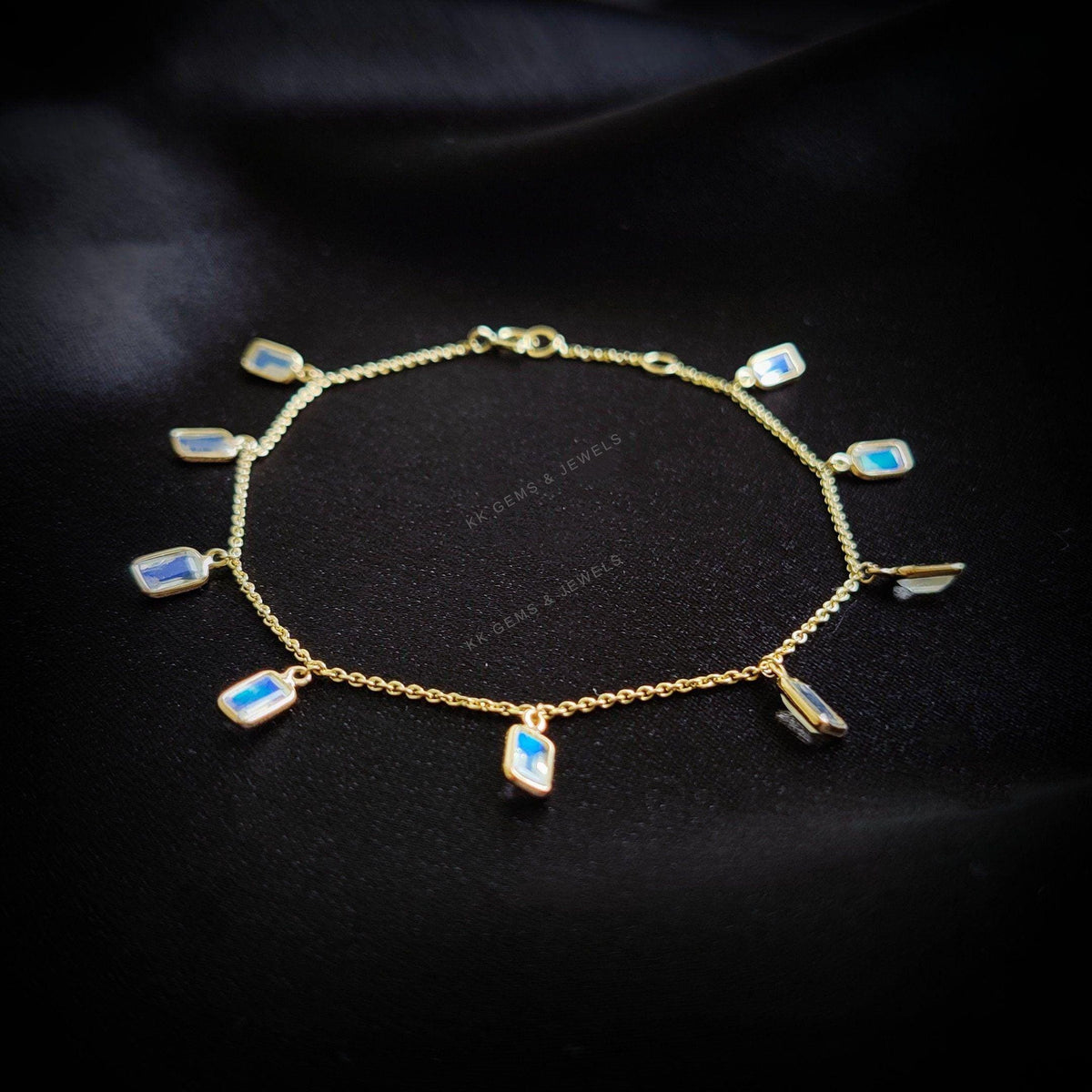 14K Solid Yellow Gold Natural Rainbow Moonstone Charm Bracelet, June Birthstone Jewelry, Christmas Present