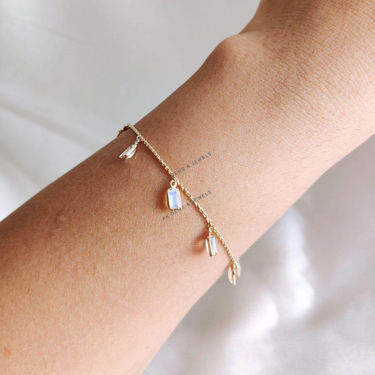14K Solid Yellow Gold Natural Rainbow Moonstone Charm Bracelet, June Birthstone Jewelry, Christmas Present