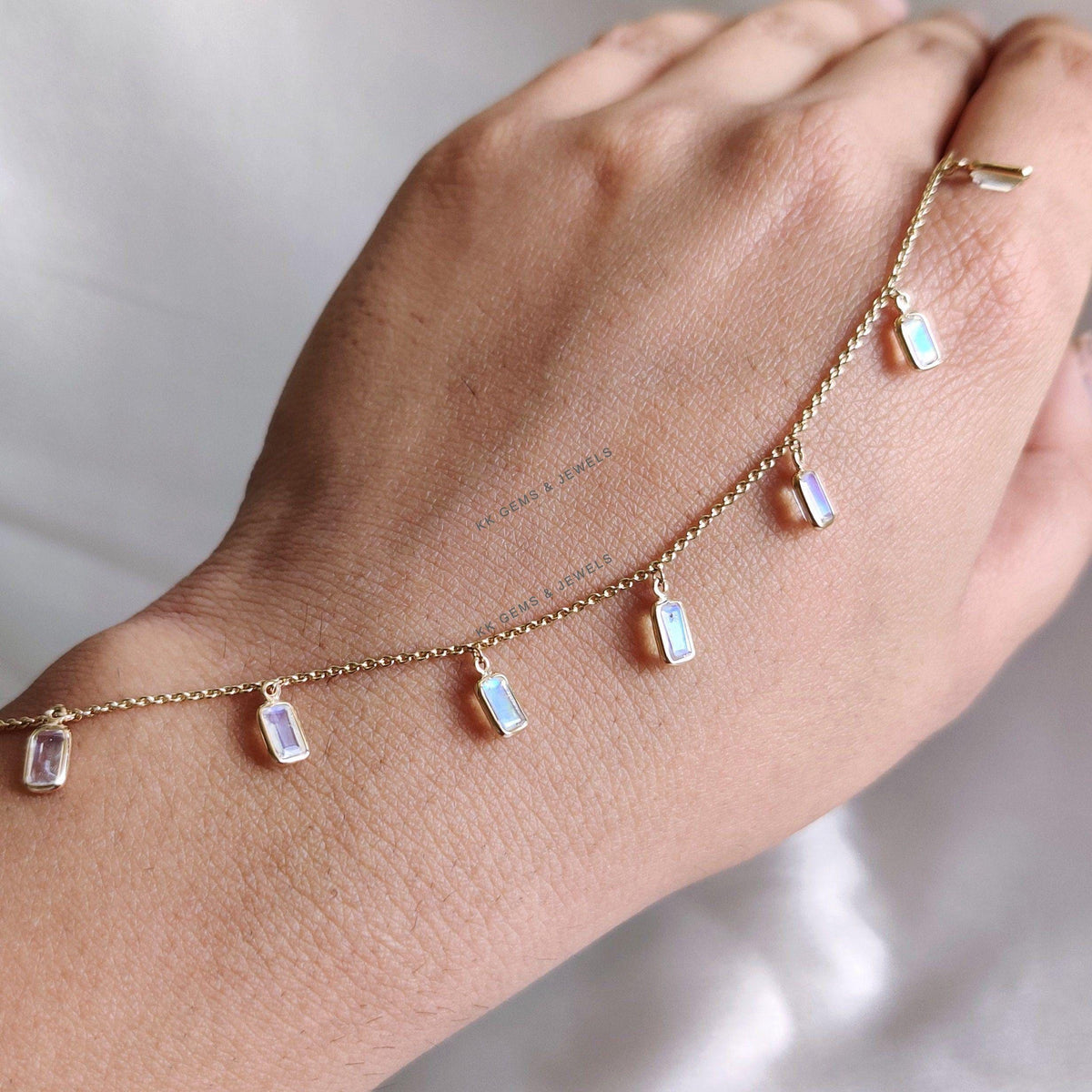 14K Solid Yellow Gold Natural Rainbow Moonstone Charm Bracelet, June Birthstone Jewelry, Christmas Present