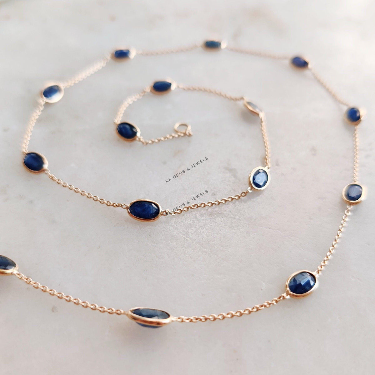 14K Solid Yellow Gold Natural Blue Sapphire Chain Necklace, September Birthstone, Anniversary Gift