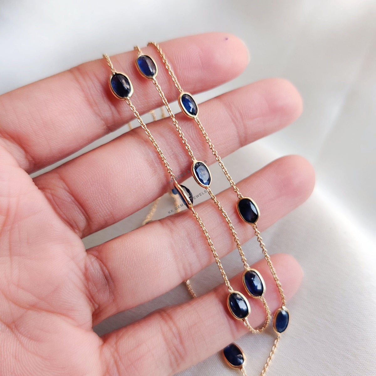 14K Solid Yellow Gold Natural Blue Sapphire Chain Necklace, September Birthstone, Anniversary Gift