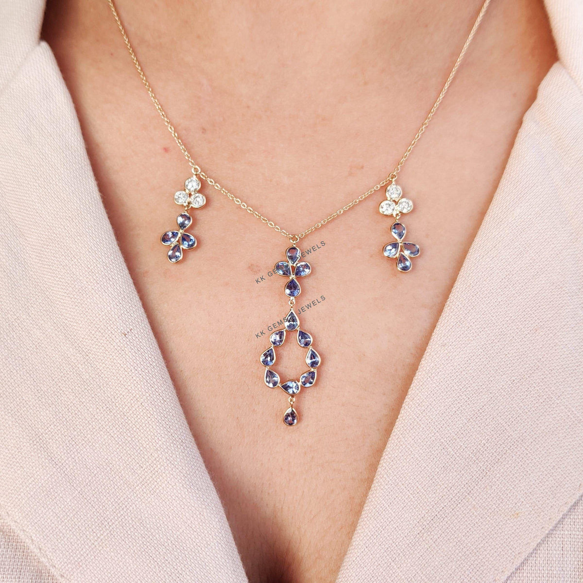 14K Solid Yellow Gold Natural Tanzanite & Diamond Chain Necklace, Pear Cut Gemstone, Christmas Present