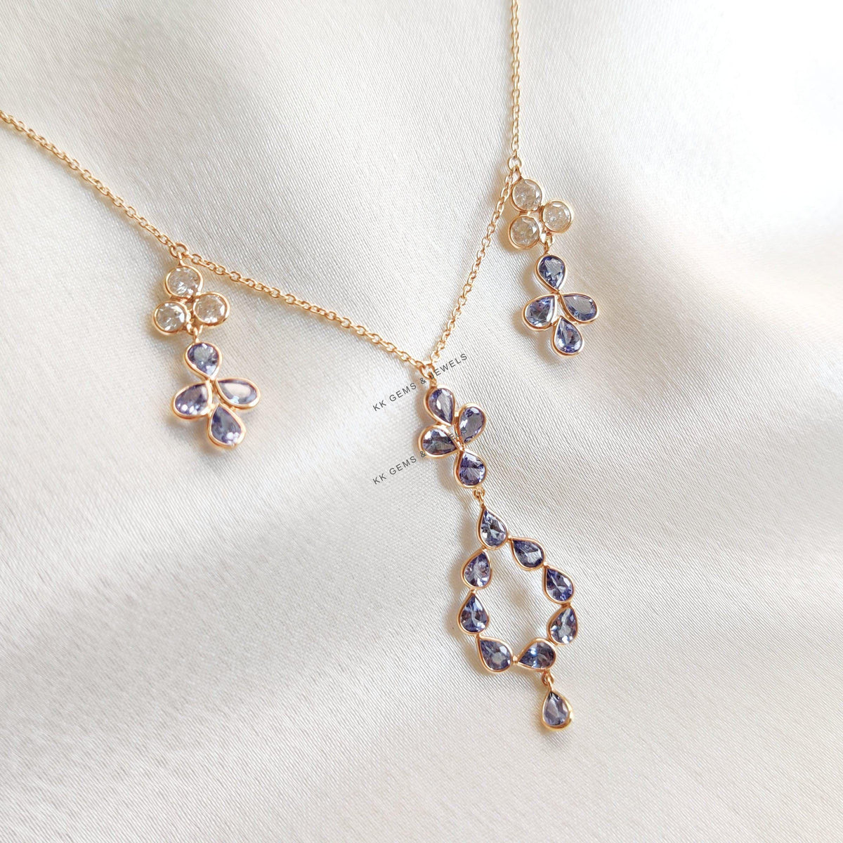 14K Solid Yellow Gold Natural Tanzanite & Diamond Chain Necklace, Pear Cut Gemstone, Christmas Present