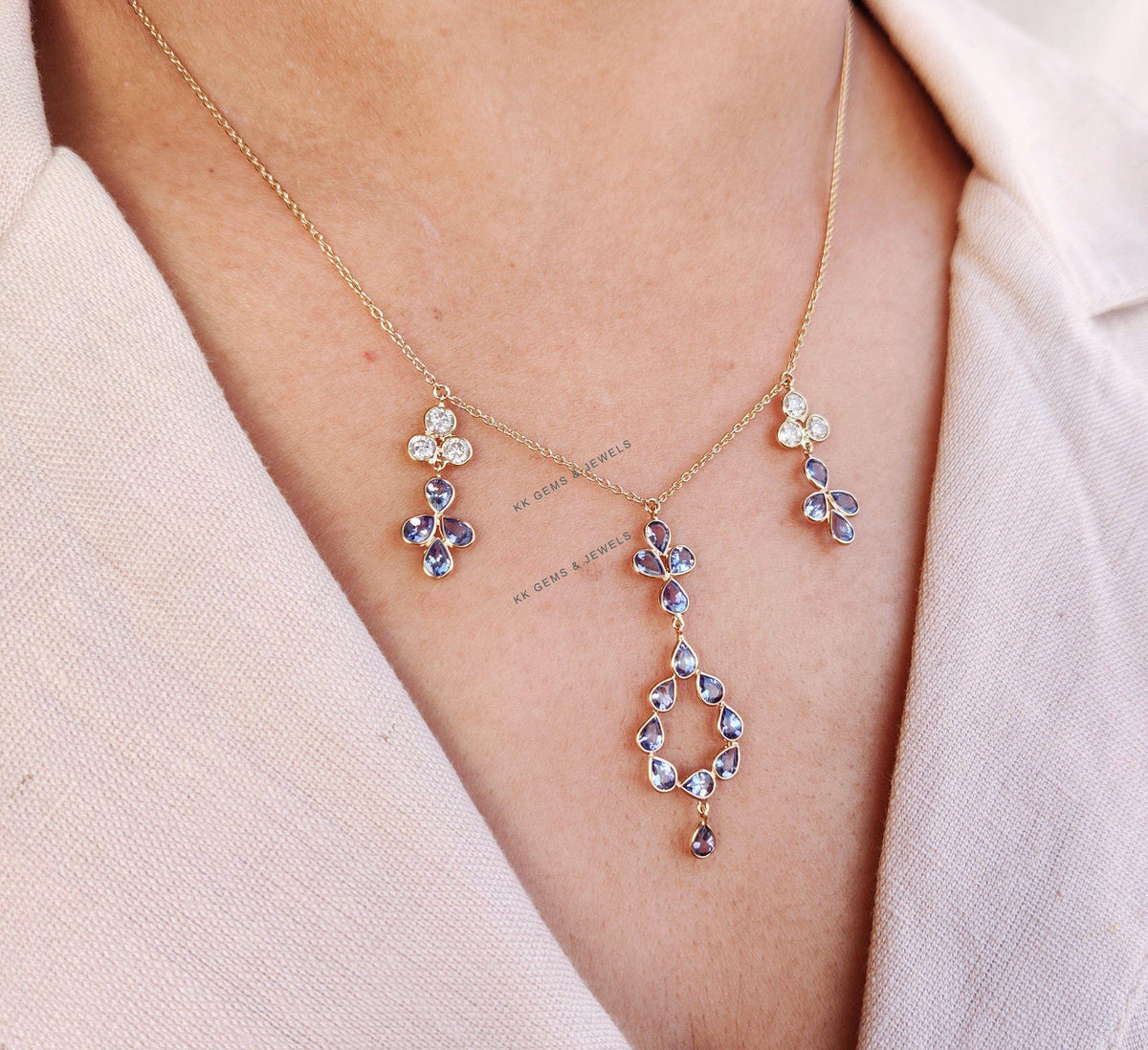 14K Solid Yellow Gold Natural Tanzanite & Diamond Chain Necklace, Pear Cut Gemstone, Christmas Present
