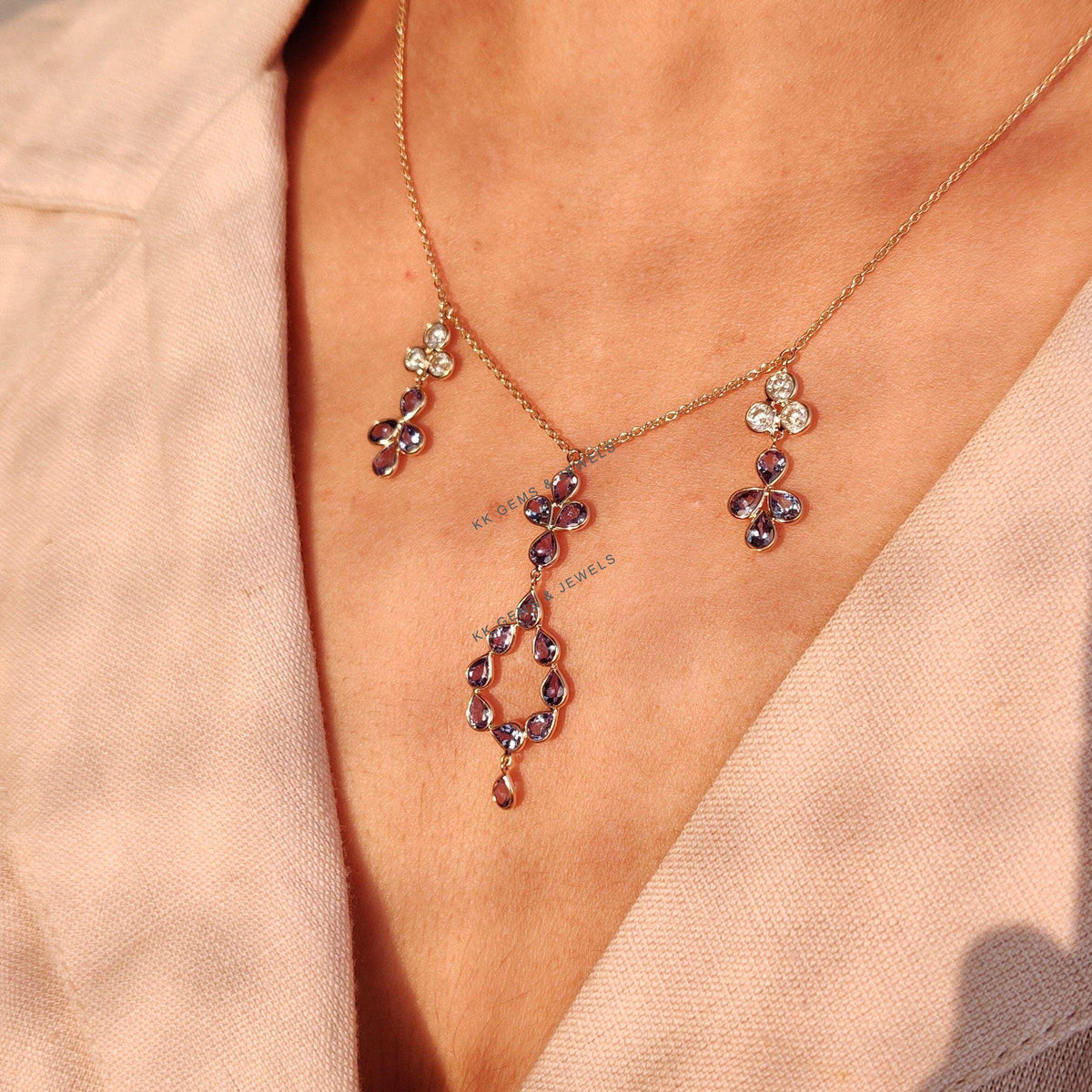 14K Solid Yellow Gold Natural Tanzanite & Diamond Chain Necklace, Pear Cut Gemstone, Christmas Present