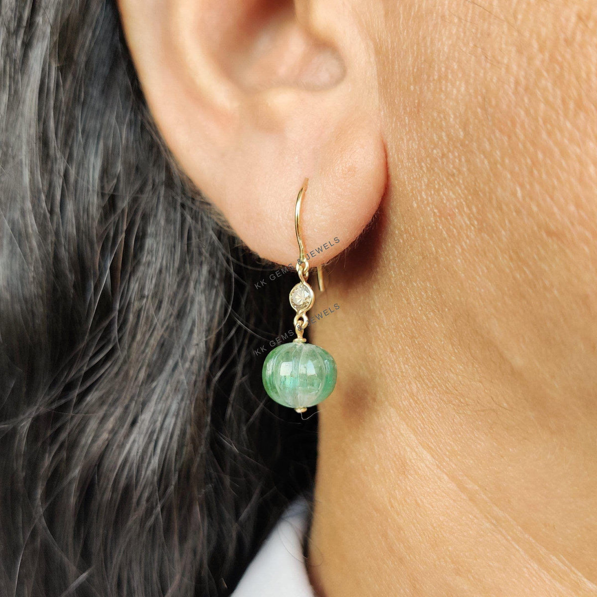 14K Solid Yellow Gold Natural Green Tourmaline & Diamond Earrings, October Birthstone, Anniversary Gift