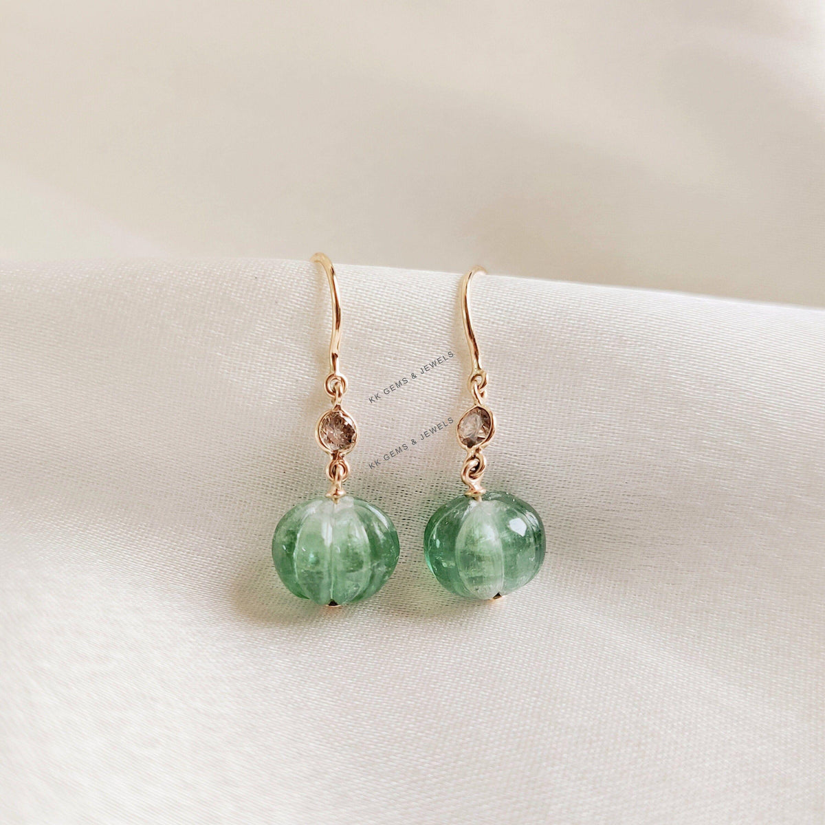 14K Solid Yellow Gold Natural Green Tourmaline & Diamond Earrings, October Birthstone, Anniversary Gift