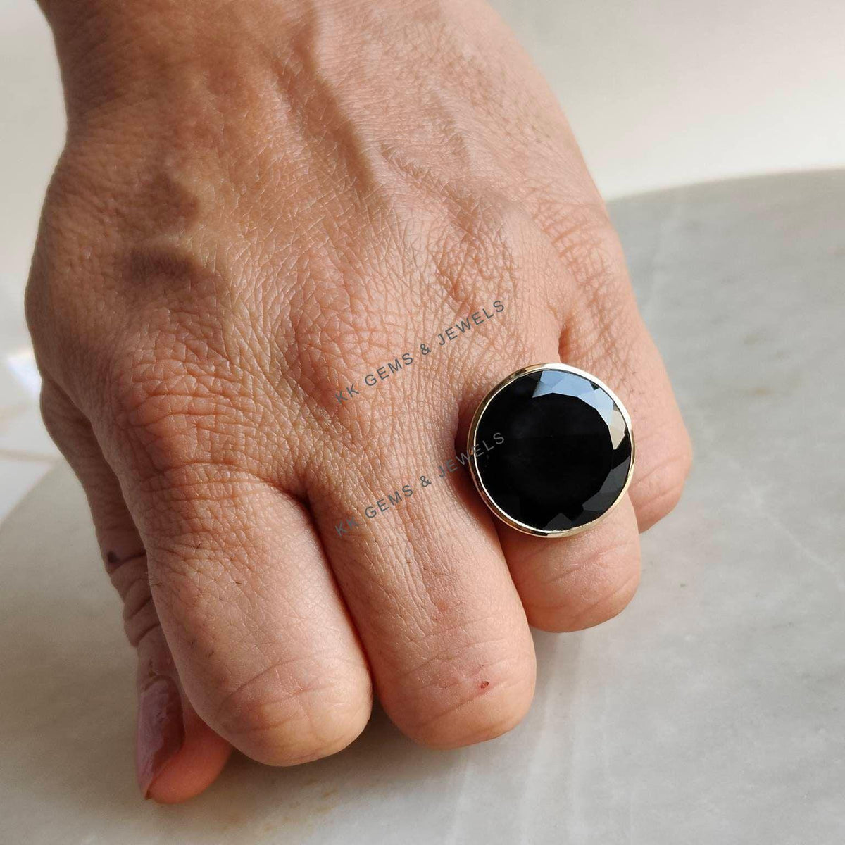 14K Solid Yellow Gold Natural Black Onyx Ring, Round Bezel Statement Ring, Christmas Present