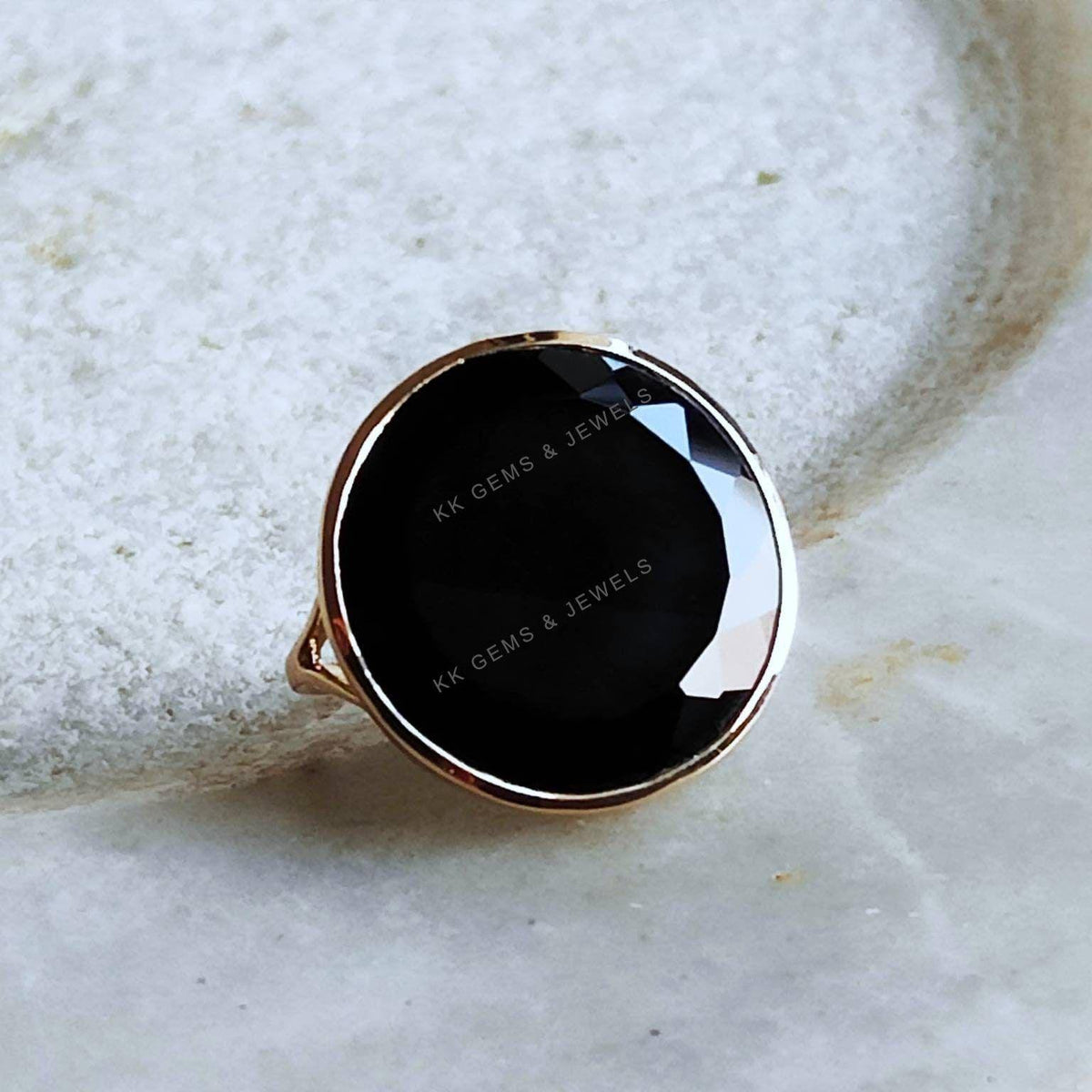 14K Solid Yellow Gold Natural Black Onyx Ring, Round Bezel Statement Ring, Christmas Present