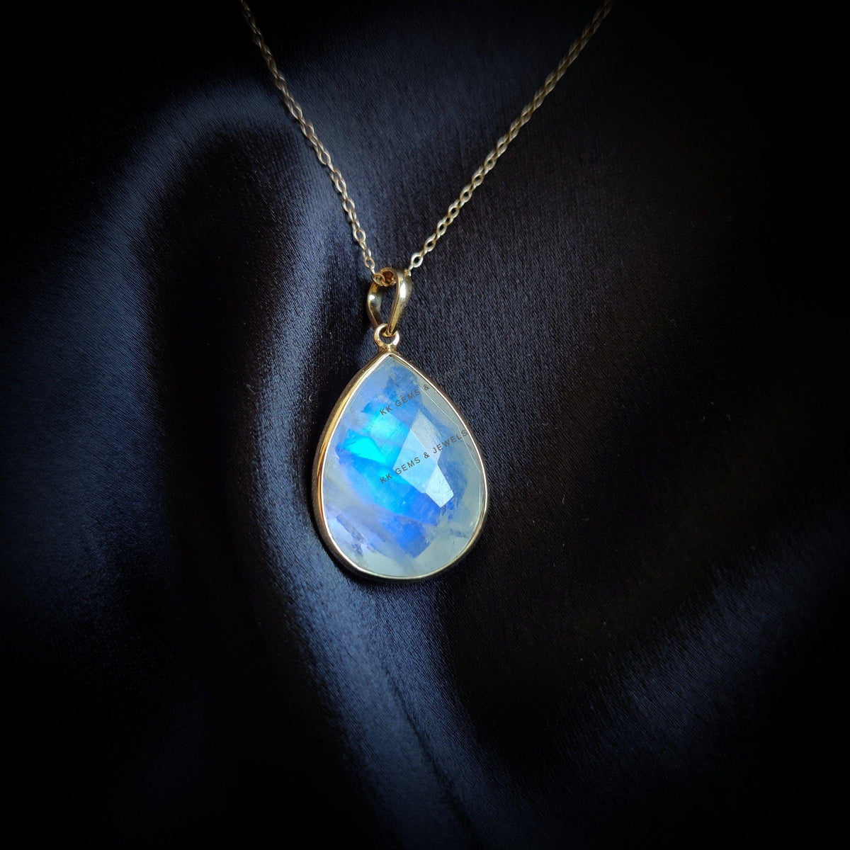 Natural Rainbow Moonstone Pear Pendant, 14K Solid Yellow Gold Bezel Pendant, June Birthstone, Christmas Present