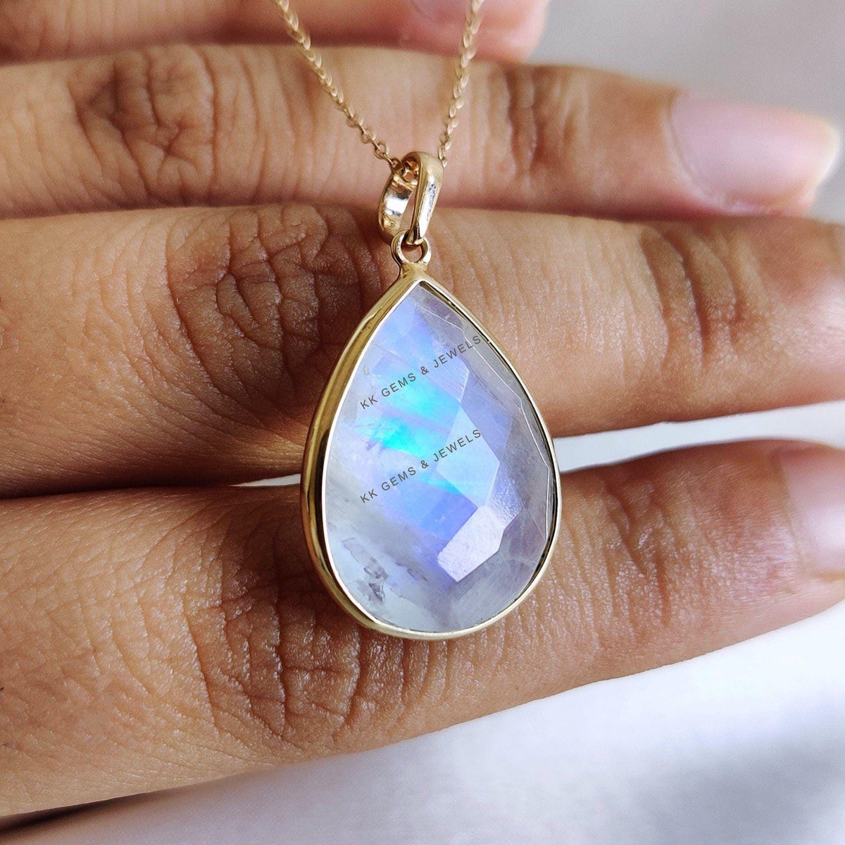 Natural Rainbow Moonstone Pear Pendant, 14K Solid Yellow Gold Bezel Pendant, June Birthstone, Christmas Present