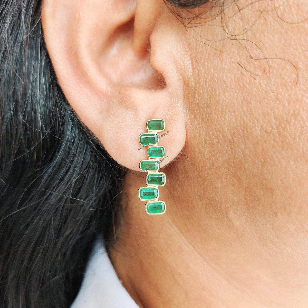 14K Solid Yellow Gold Natural Emerald Earrings, Baguette Cut, May Birthstone, Christmas Present