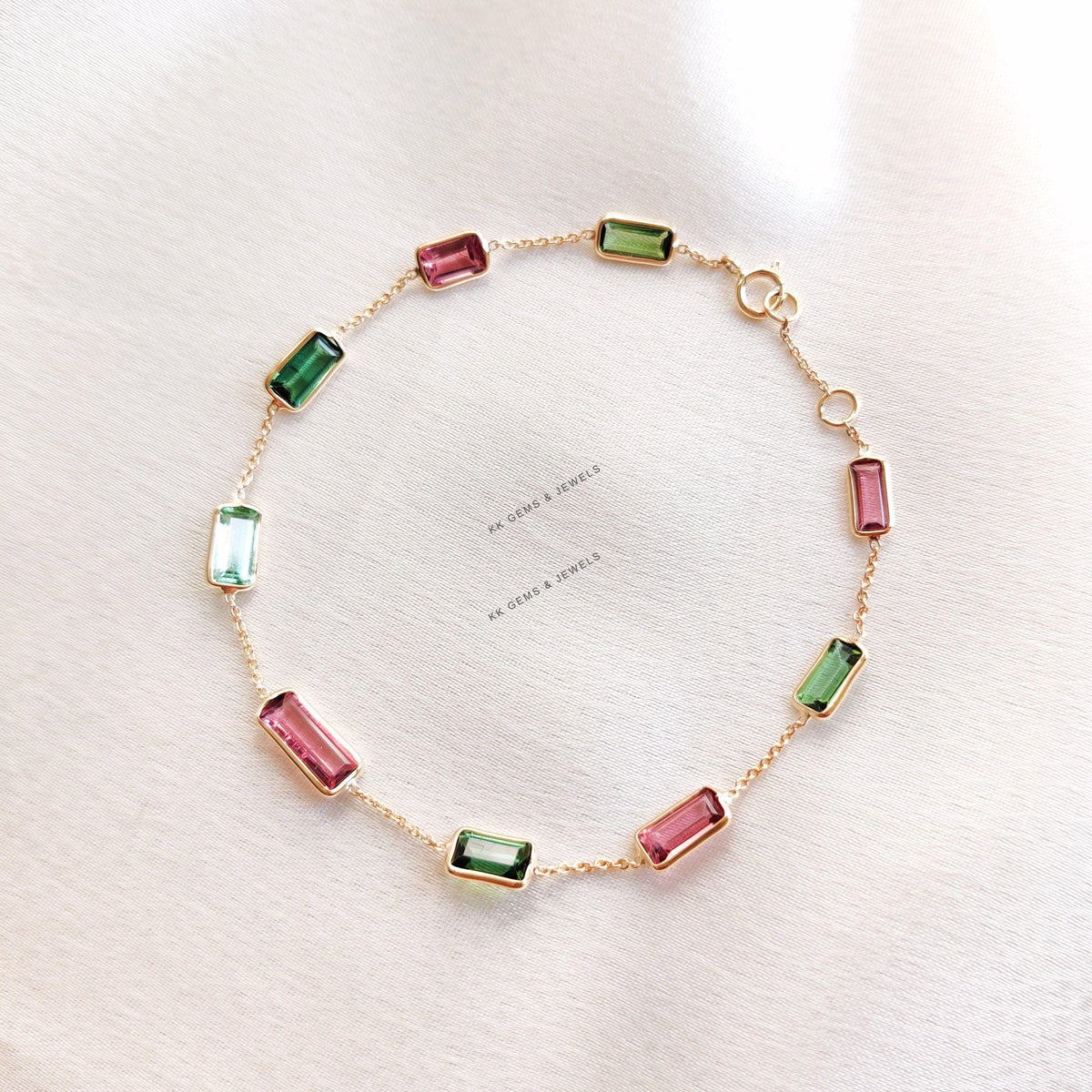 14K Solid Yellow Gold Natural Multi Tourmaline Baguette Bracelet, October Birthstone, Christmas Present