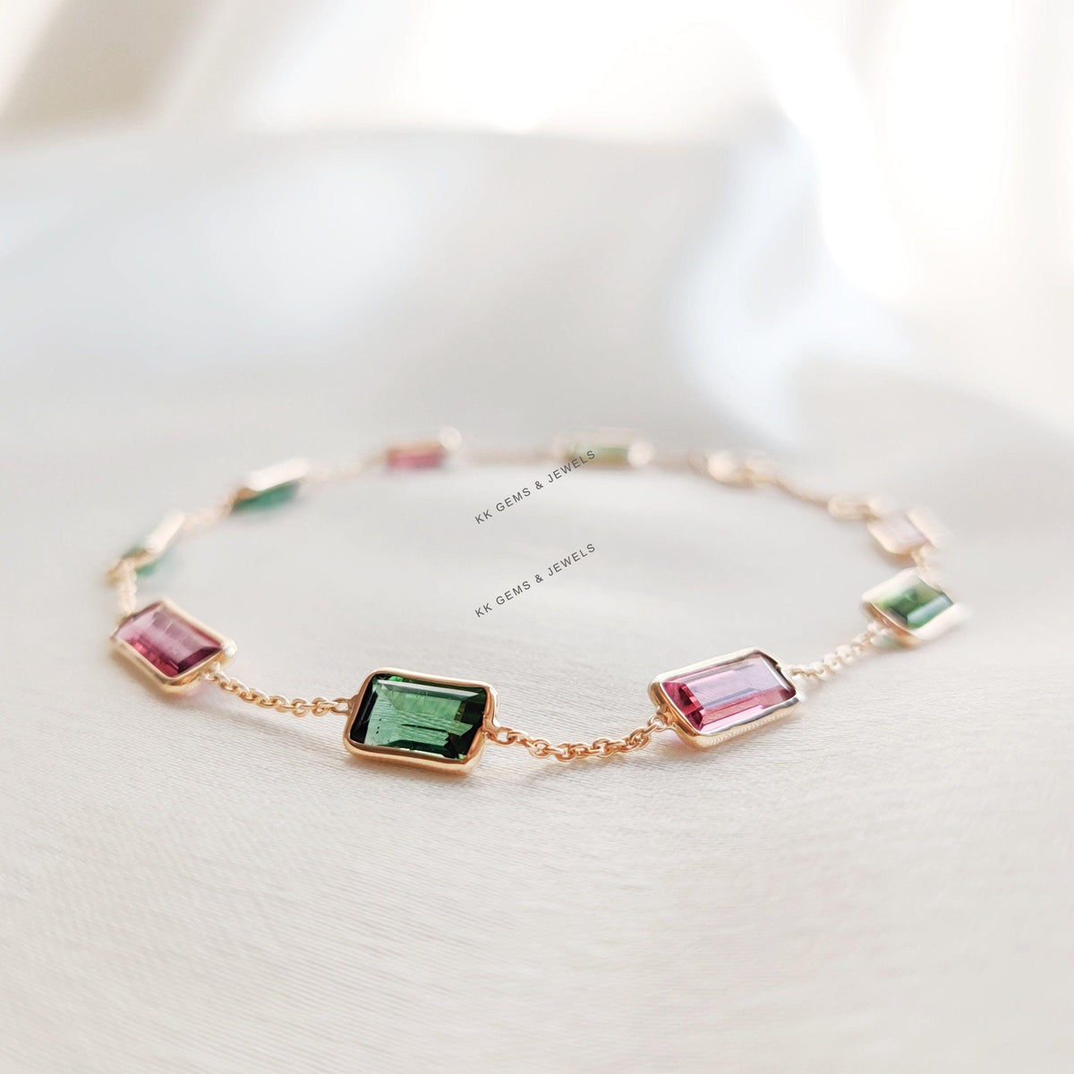 14K Solid Yellow Gold Natural Multi Tourmaline Baguette Bracelet, October Birthstone, Christmas Present