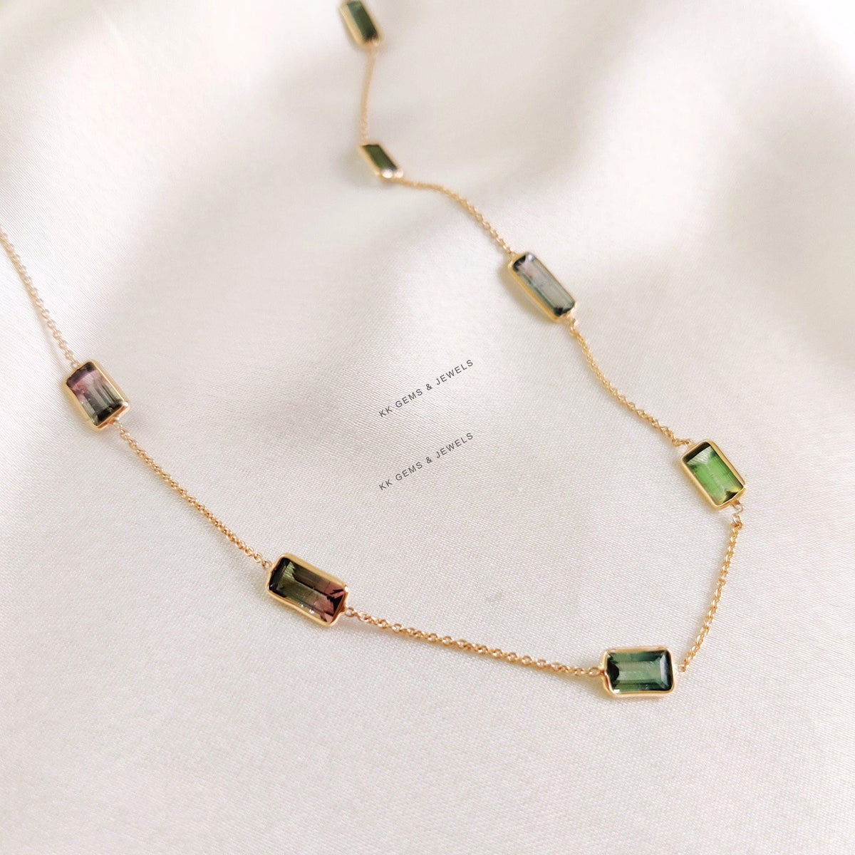 14K Solid Yellow Gold Natural Multi Tourmaline Necklace, Baguette Gemstone Chain Necklace, Christmas Present