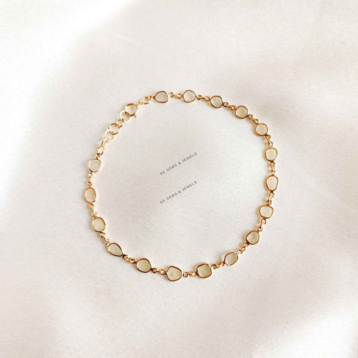 14K Solid Yellow Gold Natural Diamond Polki Slice Bracelet, April Birthstone, Christmas Present