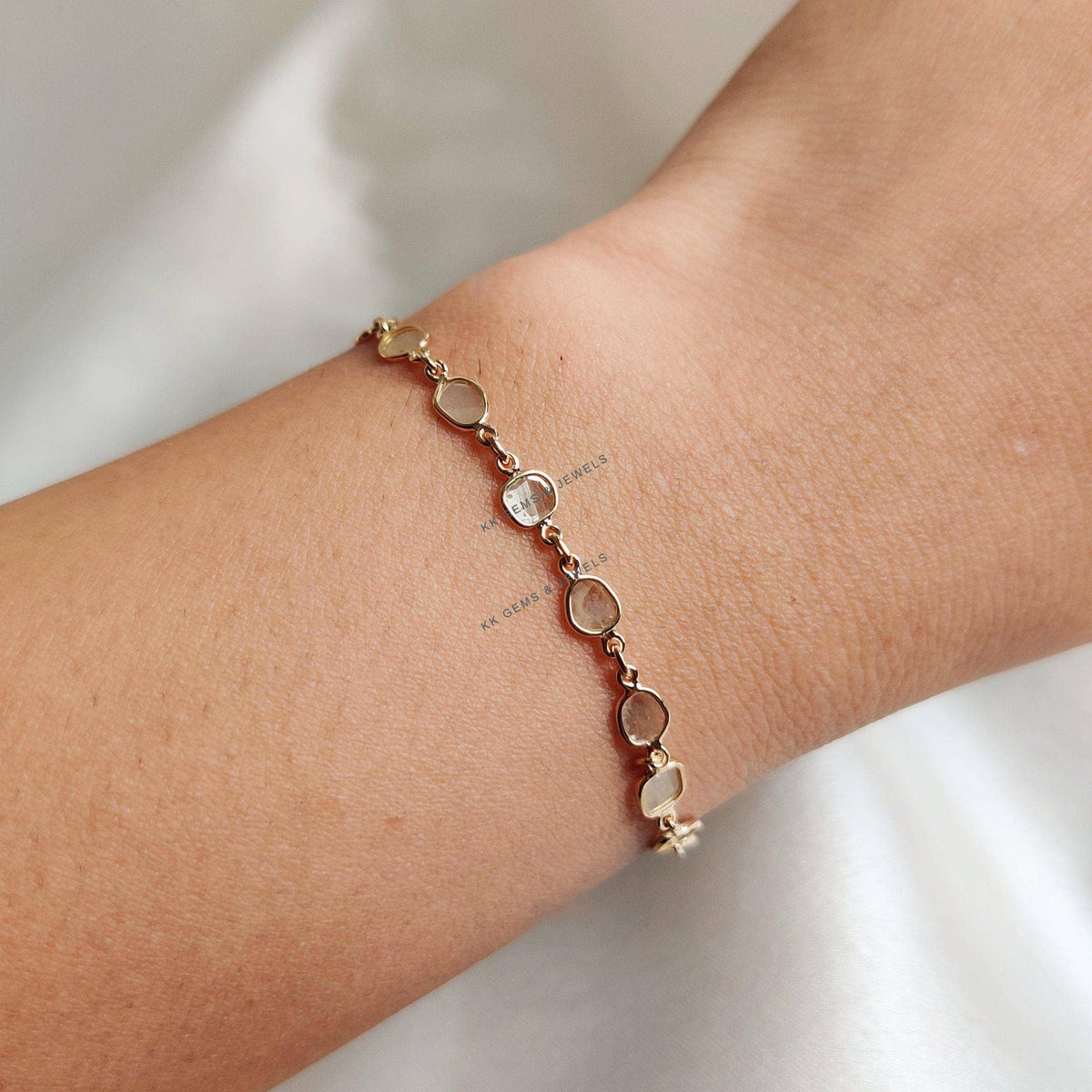 14K Solid Yellow Gold Natural Diamond Polki Slice Bracelet, April Birthstone, Christmas Present