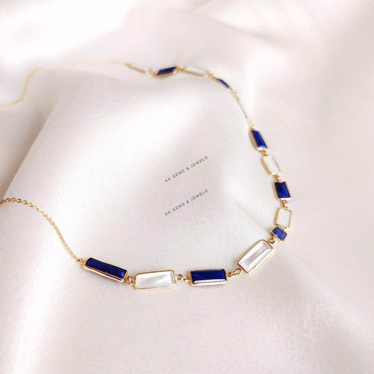 14K Solid Yellow Gold Natural Lapis Lazuli & Mother of Pearl Necklace, Christmas Present