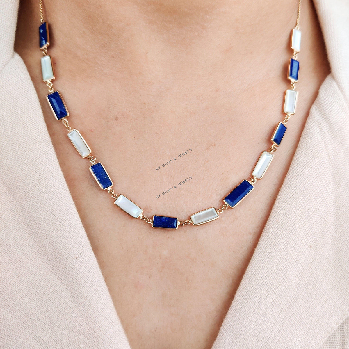 14K Solid Yellow Gold Natural Lapis Lazuli & Mother of Pearl Necklace, Christmas Present