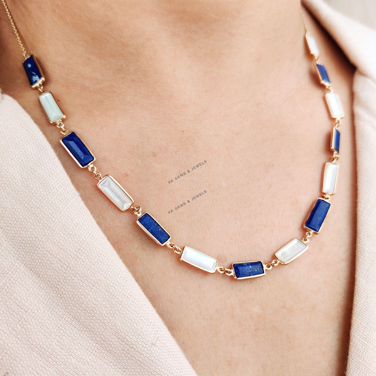 14K Solid Yellow Gold Natural Lapis Lazuli & Mother of Pearl Necklace, Christmas Present