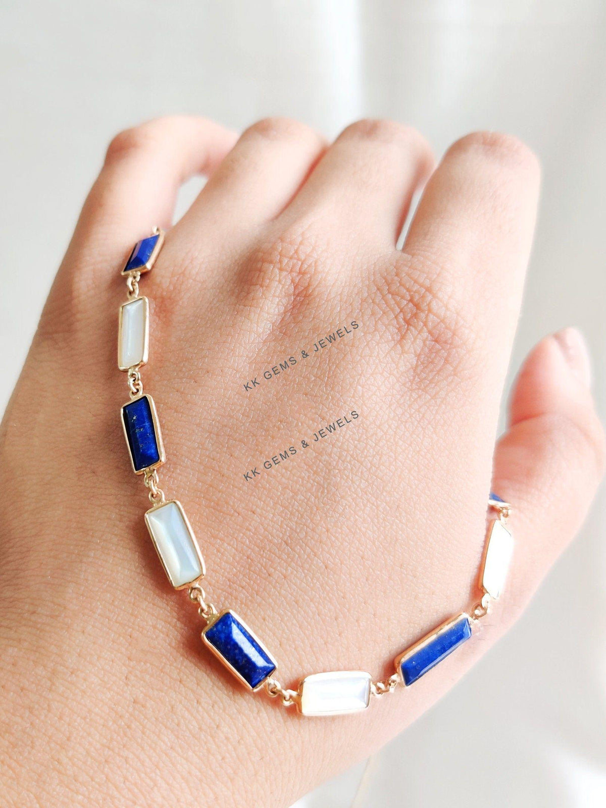 14K Solid Yellow Gold Natural Lapis Lazuli & Mother of Pearl Necklace, Christmas Present