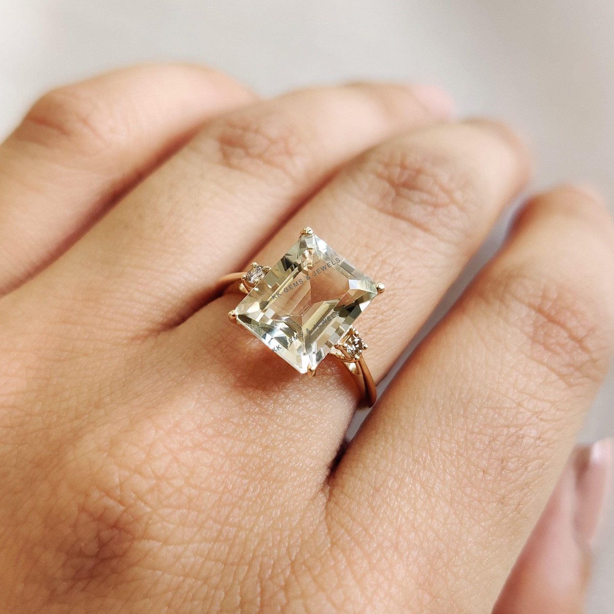 Natural Green Amethyst & Diamond Ring, 14K Solid Yellow Gold Ring, Amethyst Diamond Jewelry, Anniversary Gift