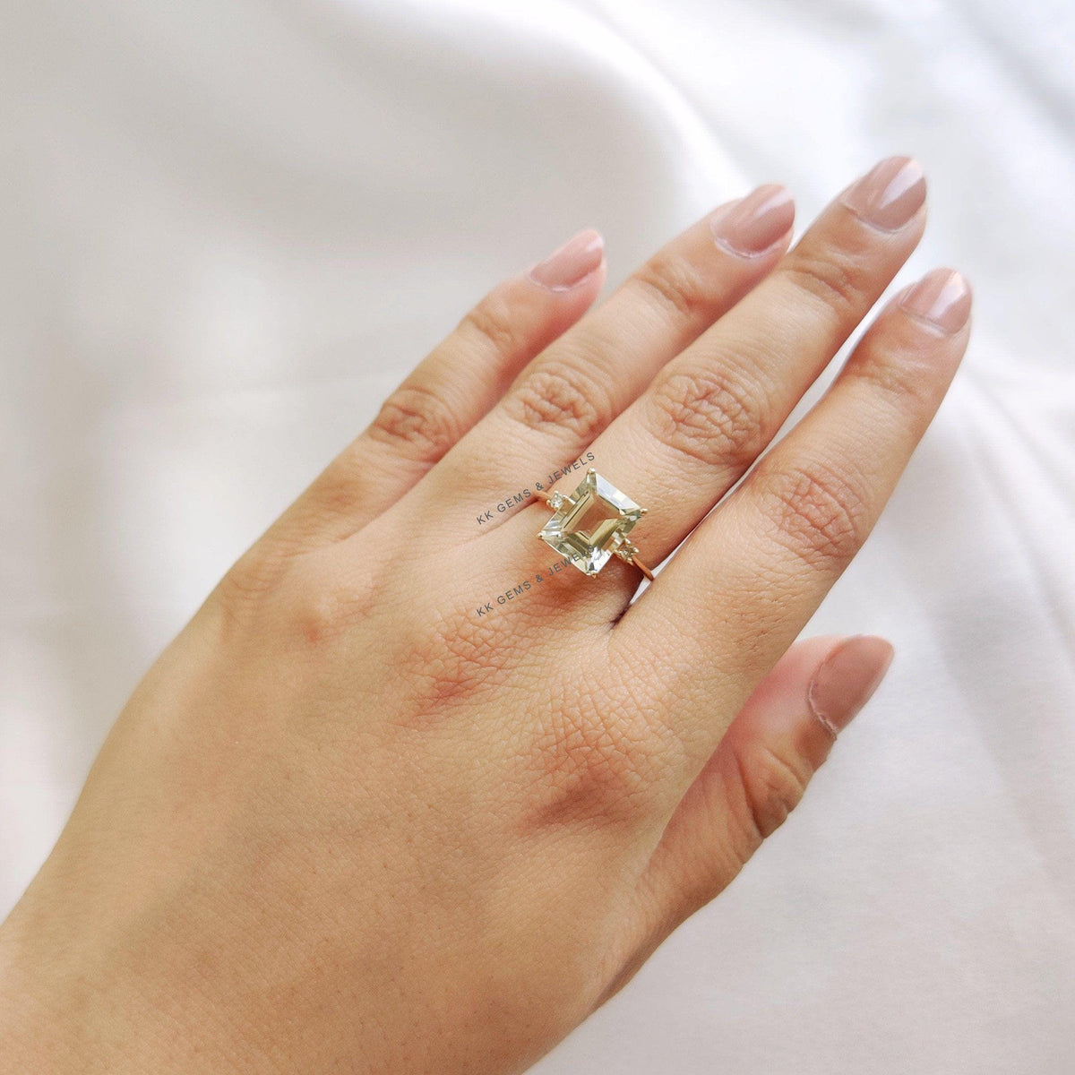 Natural Green Amethyst & Diamond Ring, 14K Solid Yellow Gold Ring, Amethyst Diamond Jewelry, Anniversary Gift