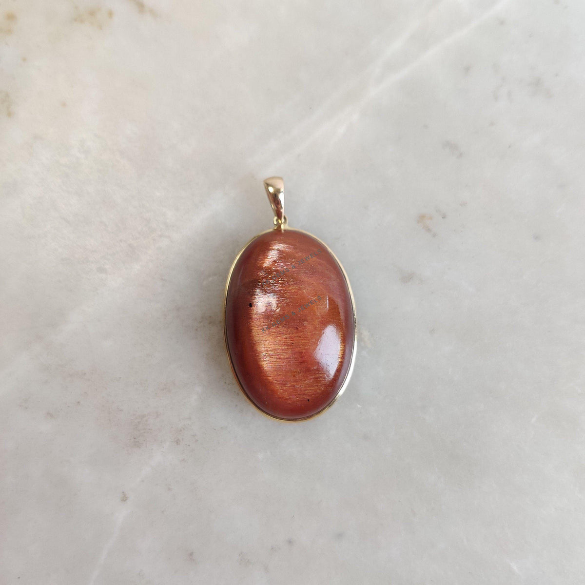 14K Solid Yellow Gold Natural Sunstone Pendant, Oval Cabochon, July August Birthstone, Christmas Present