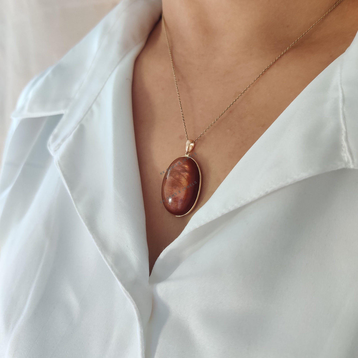14K Solid Yellow Gold Natural Sunstone Pendant, Oval Cabochon, July August Birthstone, Christmas Present