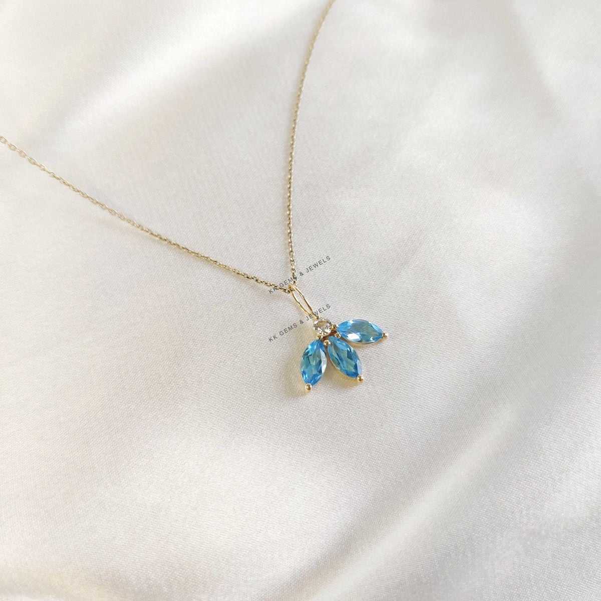 14K Solid Yellow Gold Natural Sky Blue Topaz & White Topaz Pendant, December Birthstone