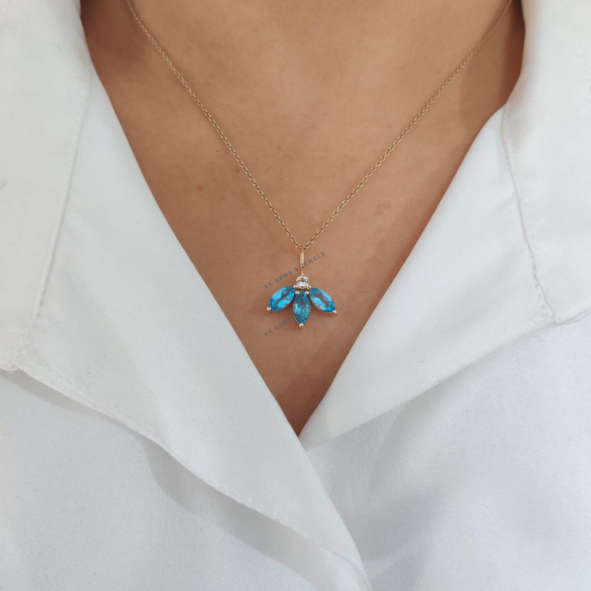 14K Solid Yellow Gold Natural Sky Blue Topaz & White Topaz Pendant, December Birthstone