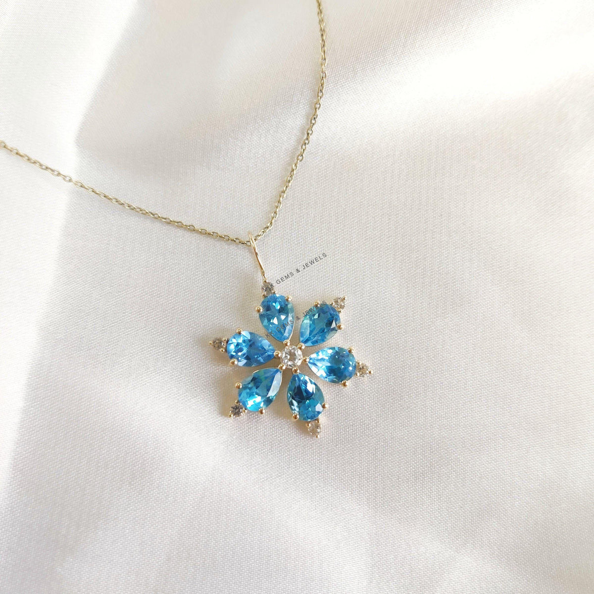 14K Solid Yellow Gold Natural Sky Blue Topaz & White Topaz Flower Pendant, December Birthstone