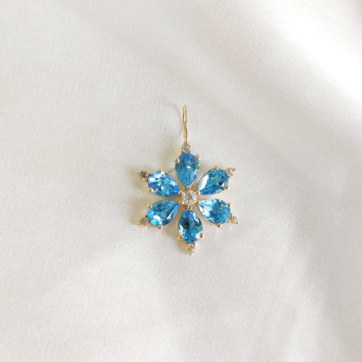 14K Solid Yellow Gold Natural Sky Blue Topaz & White Topaz Flower Pendant, December Birthstone
