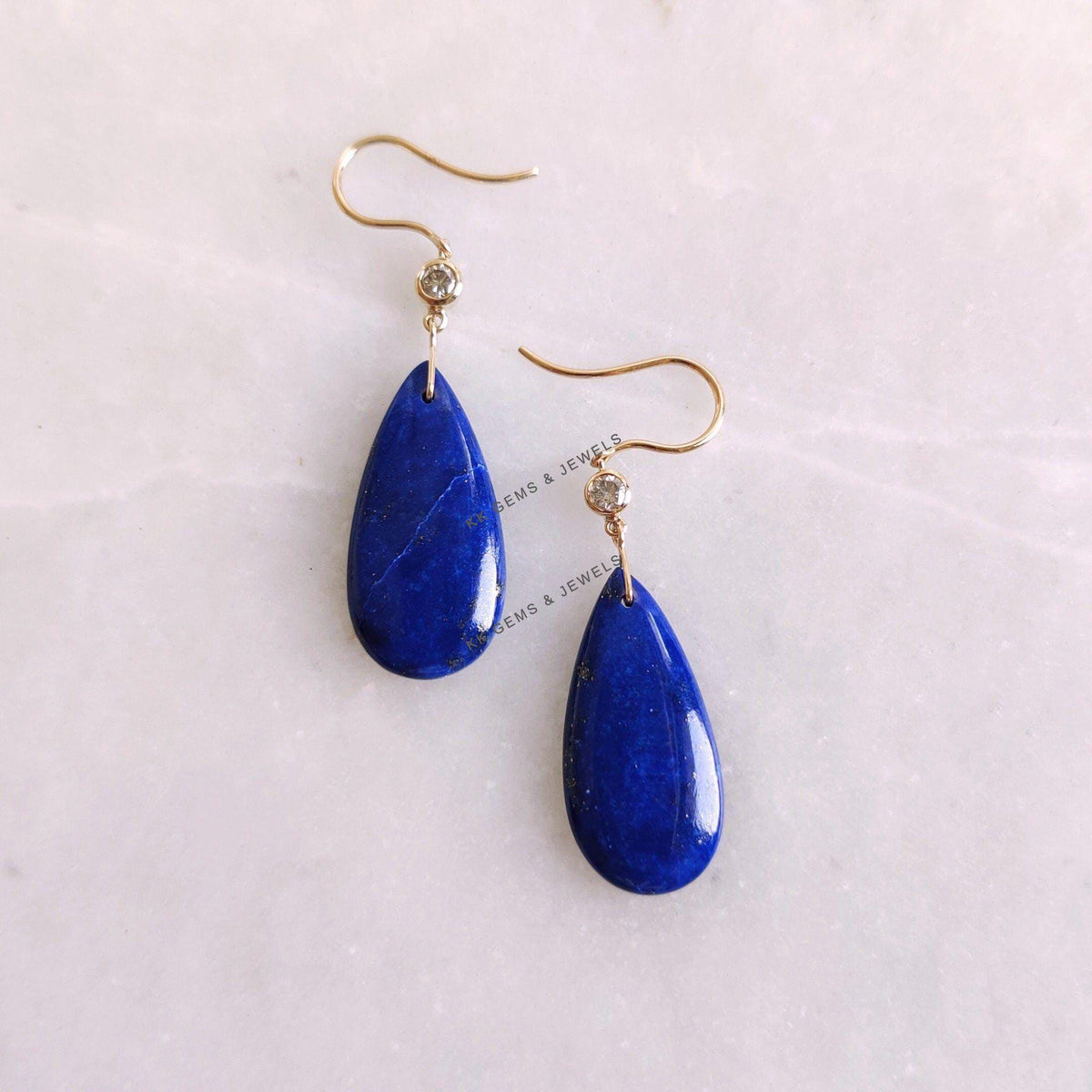 Natural Lapis Lazuli & Diamond Drop Earrings, 14K Solid Yellow Gold Earrings, September Birthstone