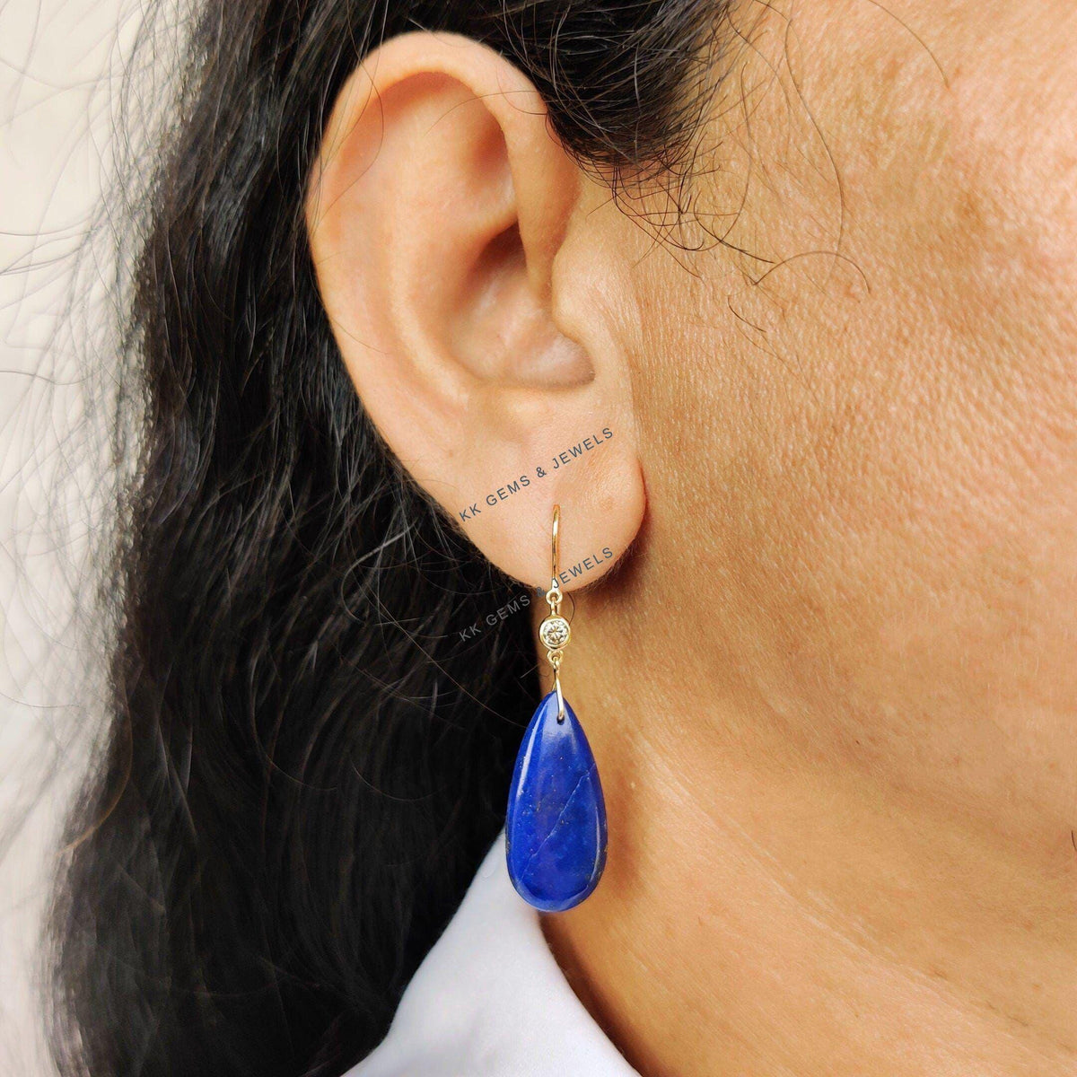 Natural Lapis Lazuli & Diamond Drop Earrings, 14K Solid Yellow Gold Earrings, September Birthstone