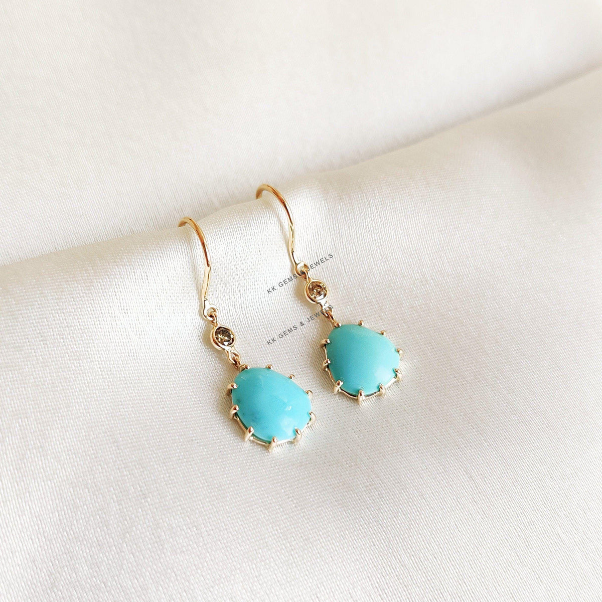 Natural Arizona Turquoise & Diamond Earrings, 14K Solid Yellow Gold Diamond Dangle Jewelry, Christmas Present