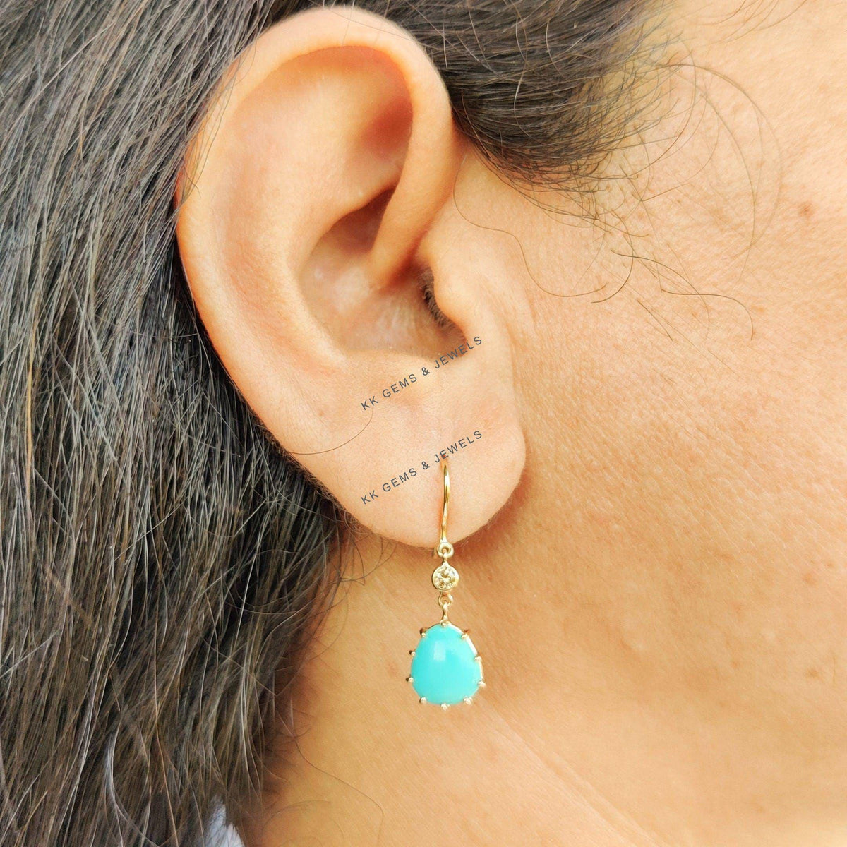 Natural Arizona Turquoise & Diamond Earrings, 14K Solid Yellow Gold Diamond Dangle Jewelry, Christmas Present